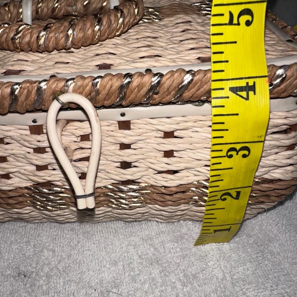 Vintage Braided Woven Wicker Sewing Basket Box Green Satin Lined Japan MCM